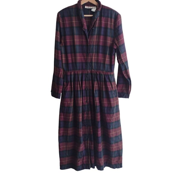 Talbots Dresses & Skirts - Talbots Vintage Plaid Button Front Dress S/M Flannel Midi Shirtdress
